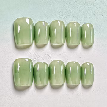 Summer Green Cat Eye Press On Nails Glossy Jelly Short Square Matcha Sage