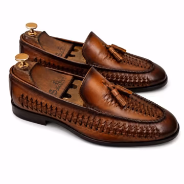 Handmade Woven Brown Leather Tassel Loafers: Men's Slip-On Moccasins Mens Shoes