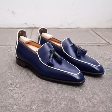 Handmade Blue Leather Loafers, Men's Slip-On Dress Shoes, Classic Formal Wedding Style