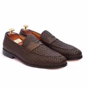 Handmade Woven Brown Leather Loafers: Men's Venetian Slip-Ons Moccasins