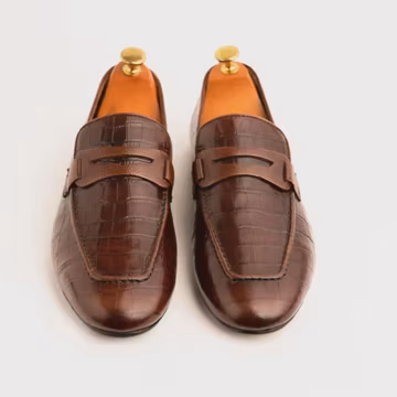 Handmade Brown Croc Embossed Penny Loafers Men's Leather Slip On Shoes