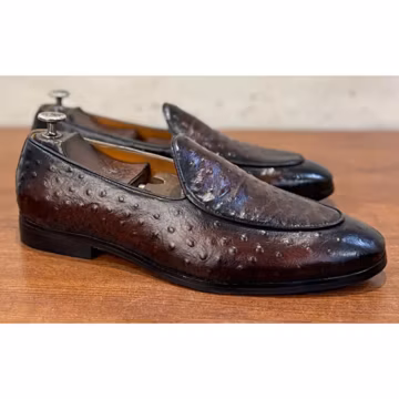 Men's Brown Ostrich Leather Penny Loafers – Handmade Luxury Slip On Dress Shoes, Wedding Footwear