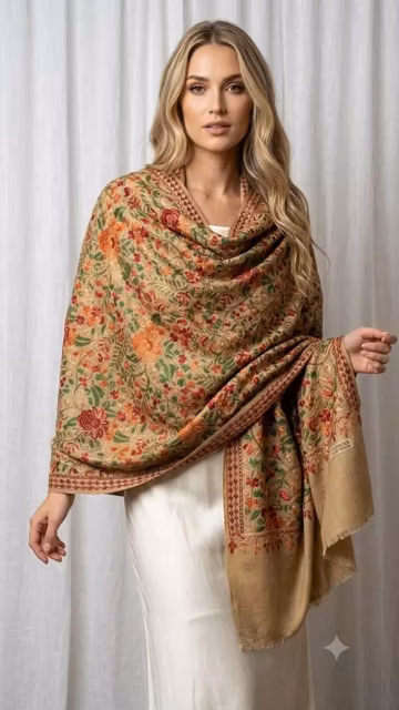 Luxury Embroidered Pashmina Shawl : Heavy Floral Needlework Wrap