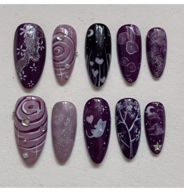 Handmade Gothic Press On Nails | Deep Purple, Glitter Ombre & Cute Cat Silhouette | Oval Shape for a Mystical Aesthetic Look