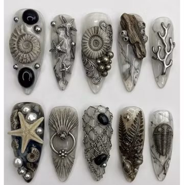 Handmade Press On Nails | Ancient Fossils & Deep Sea Aesthetic | 3D Ammonite, Trilobite, Driftwood And Silver Coral Relic Set