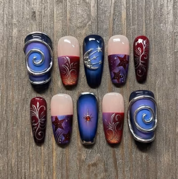 Gothic Press On Nails | Silver Swirl, Moon Star, Celestial Floral Sculptural Nails