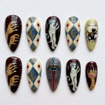Handmade Press On Nails | Whimsical Medieval | Vintage Harlequin Pattern & Stained Glass Dagger Design