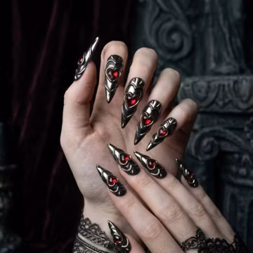 Gothic Heart Chrome Press On Nails Black Metallic Armor Nails Y2K Cyber Stiletto Nail Set