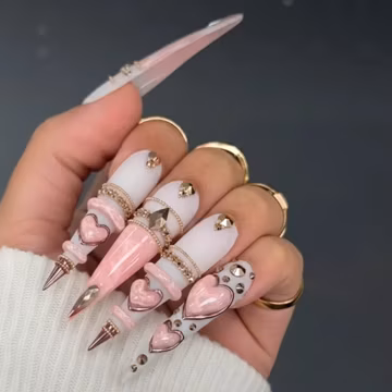 Pink Coquette Press On Nails, 3D Heart Stiletto Nails, Kawaii Glam Press On Set, Luxury Handmade Nail Art