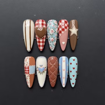 Handmade Retro Cottagecore Press On Nails | Gingham Hearts, Florals & Patchwork Art | Long Nails For Sweet Cozy Vibes