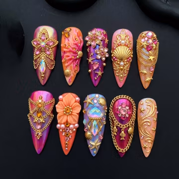 Luxury Mermaid Press On Nails with Gold Charms & Rhinestones | 3D Ocean Fantasy Nails