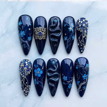 Dark Blue Snake Press On Nails Gothic Floral Rhinestone Nail Set Luxury Handmade False Nails