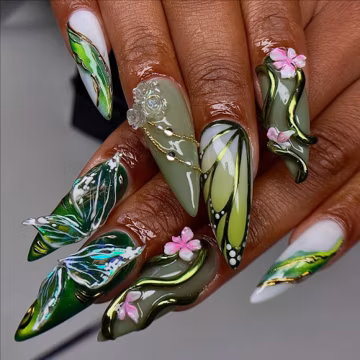 Green Fairy Press On Nails, Butterfly Nails, Forest Fantasy Nails, 3D Floral Handmade Fake Nails