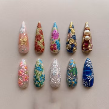 3D Floral Press On Nails, Luxury Hand Painted Acrylic Nails, Elegant Flower Pearl Nails, Vintage Glam Nail Set