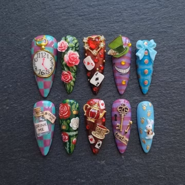 Al.ic.e in Won.de.rland Press On Nails, Tea Party Fantasy Nails, 3D Kawaii Handmade Fake Nail Set