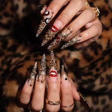 Leopard Lips Press On Nails Luxury Gold Pearl Stiletto Handmade Design Set Gift Nails