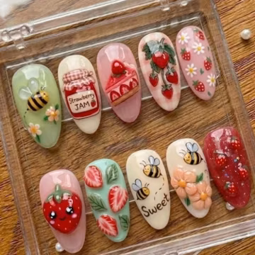 3D Strawberry Bee Press On Nails | Sweet Cottagecore Picnic Vibe | Kawaii Pastel Almond Nails | Jam Mini Daisy Nail | Sculpted 3D Art Nail