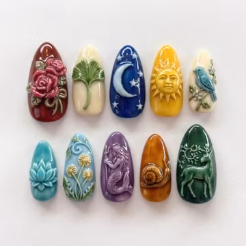 3D Vintage Nature Press On Nails | Fairy Tale Mythical Vibe | Colorful Almond Nails | Sun Moon Mermaid Nail | 3D Sculpted Art Nail