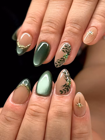Green Cat Eye Press On Nails, Botanical Leaf Fake Nails, Gold Star Celestial Nails, Earthy Fairycore Short Almond Nails