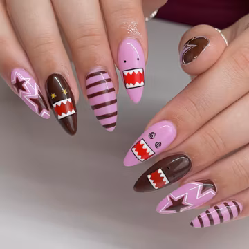 Kawaii Pink Monster Press On Nails, Domo Character Nail Art, Pink & Brown Cartoon Nails, Cute Star Stripes Nails, Domo-Kun Press On Nails
