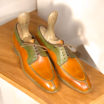 Handmade Two Tone Leather Oxford Shoes: Light Brown & Green Lace Up