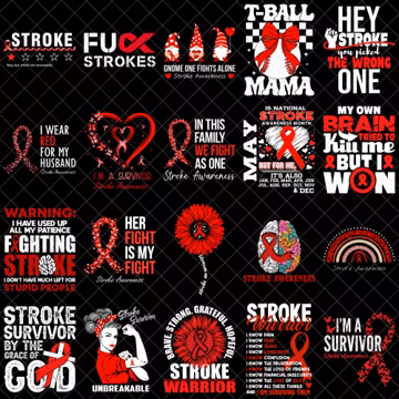 Stroke Awareness PNG Bundle, Red Ribbon Stroke Survivor Designs, Stroke Warrior Shirt Pack, May Stroke Awareness Sublimation
