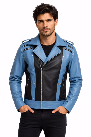 Men's Two Tone Leather Biker Jacket | Retro Motorcycle Jacket | Vintage Racing Style Coat | Halloween Cosplay Costume Gift for Him