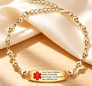 Personalized Medical Alert Bracelet Women Heart Chain Stainless Steel Engraved Red Star of Life ID Tag Allergy diabetic alert jewelry Gift