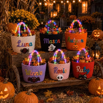 Personalized Light Up Halloween Basket, Custom Name Trick or Treat Bag, LED Neon Candy Bucket for Kids, Glowing Boo Basket for Toddlers