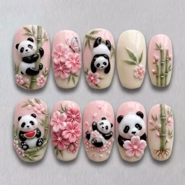 Handmade Cute Press On Nails | 3D Panda, Sakura & Bamboo Art | Sweet Kawaii Nails For Soft Girl Aesthetic Vibe