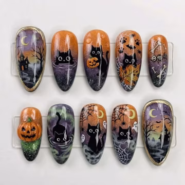 Handmade Halloween Black Cat Press On Nails | Hand Painted Pumpkin Ghost & Haunted House Art | Spooky Orange Purple Celestial Designs