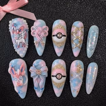 Pastel Fantasy Nails / Magical Creature Nails / 3D Ribbon Pokeball Design / Kawaii Fairycore Aesthetic / Handmade Press On Nails