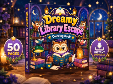 Dreamy Library Escape Coloring Book PDF | 50 Pages Printable Coloring Book | Cozy Owl Library Fantasy, Instant Download
