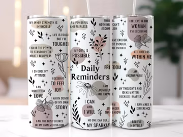 Daily Reminders Tumbler Wrap PNG 20oz Skinny Self Care Inspirational Motivational Quotes Tumbler Mental Health Tumbler Sublimation design