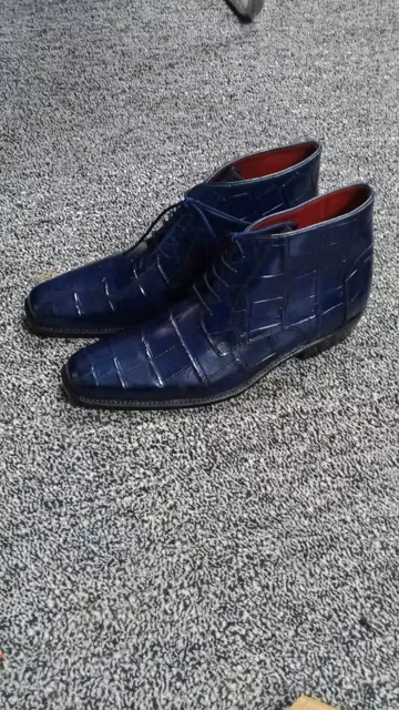 Handmade Men's Navy Blue Leather Chukka Boots | Croc Embossed Lace Up Ankle Boots | Square Toe Dress Boots | Luxury Formal Shoes