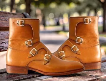 Handmade Men Brown Tetra-Monk Strap Pure Leather Half-long Boots, Mens boots