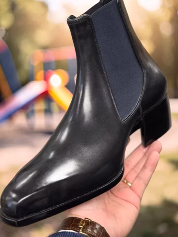 Handmade Mens Shoes Black Leather High-Heel Chelsea Boots Sleek Square Toe Ankle