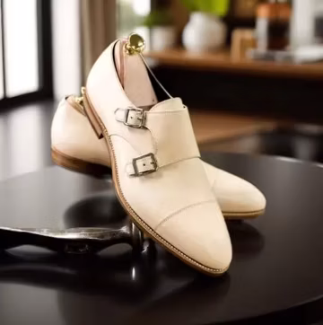 New Handmade White Leather Formal Double Monk Buckle Dress Shoes For Mens