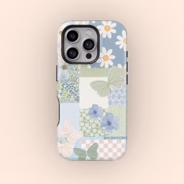 Butterfly Patchwork Floral Phone Case, Cottagecore Blue Green Aesthetic Cover, iPhone 17 16 15 14 13 12 11 Pro Max, Samsung S25 S24 S23 S22