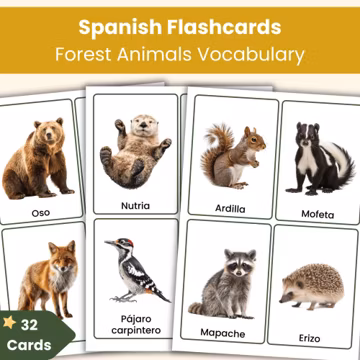 Spanish Forest Animals Flashcards | 32 Real Photo Vocabulary Cards for Kids | Printable Spanish Resource