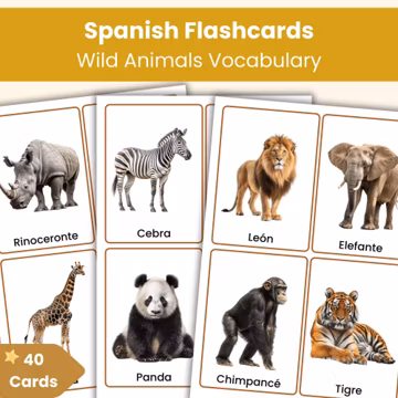 Spanish Wild Animals Flashcards | 40 Real Photo Vocabulary Cards for Kids | Printable Spanish Resource