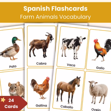 Spanish Farm Animals Flashcards | 24 Printable Vocabulary Cards for Kids | Spanish Lesson Resource