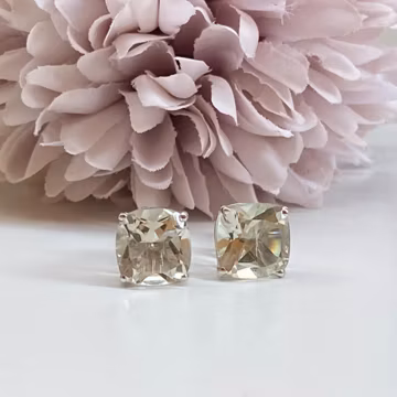 Green Amethyst Stud Earrings, Cushion Cut, Sterling Silver