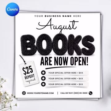 August Booking Flyer, Template Summer Beauty Flyer, Canva Editable Hair, Nails Lashes Makeup, August Books Open, DIY text, instant download