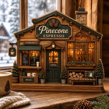 Personalized Coffee Shop Wooden Block, Cafe Storefront Shelf Sitter, Rustic Cafe Decor, 2D Flat
