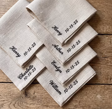 Embroidered Linen Handkerchief Custom Name Date, Personalized Groomsmen Wedding Gift Set, Natural Pocket Square, Bridal Party Hankie