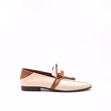 Beige Leather Loafers Women, Two-Tone Slip-On Flats, Minimalist Casual Shoes