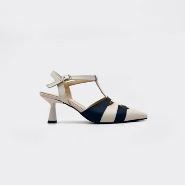 Beige & Navy Leather Slingback Heels – Retro Chic with Graphic Cutouts