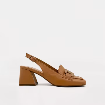 Tan Leather Slingback Heels – 6cm Block Heel with Gold Chain Detail