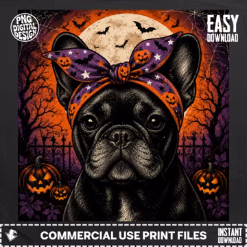 Halloween French Bulldog PNG, Cute Frenchie with Pumpkin Bow, Spooky Dog Clipart, Sublimation Design, Digital Download Print
